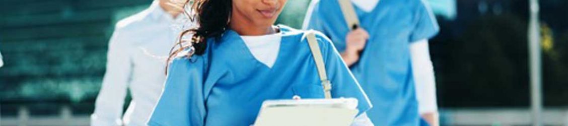 Travel nurse walking outside